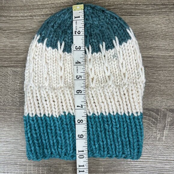 Handmade Unisex New Teal Cream Cable Knit Colorblock Winter Beanie Hat M/L - Picture 8 of 9